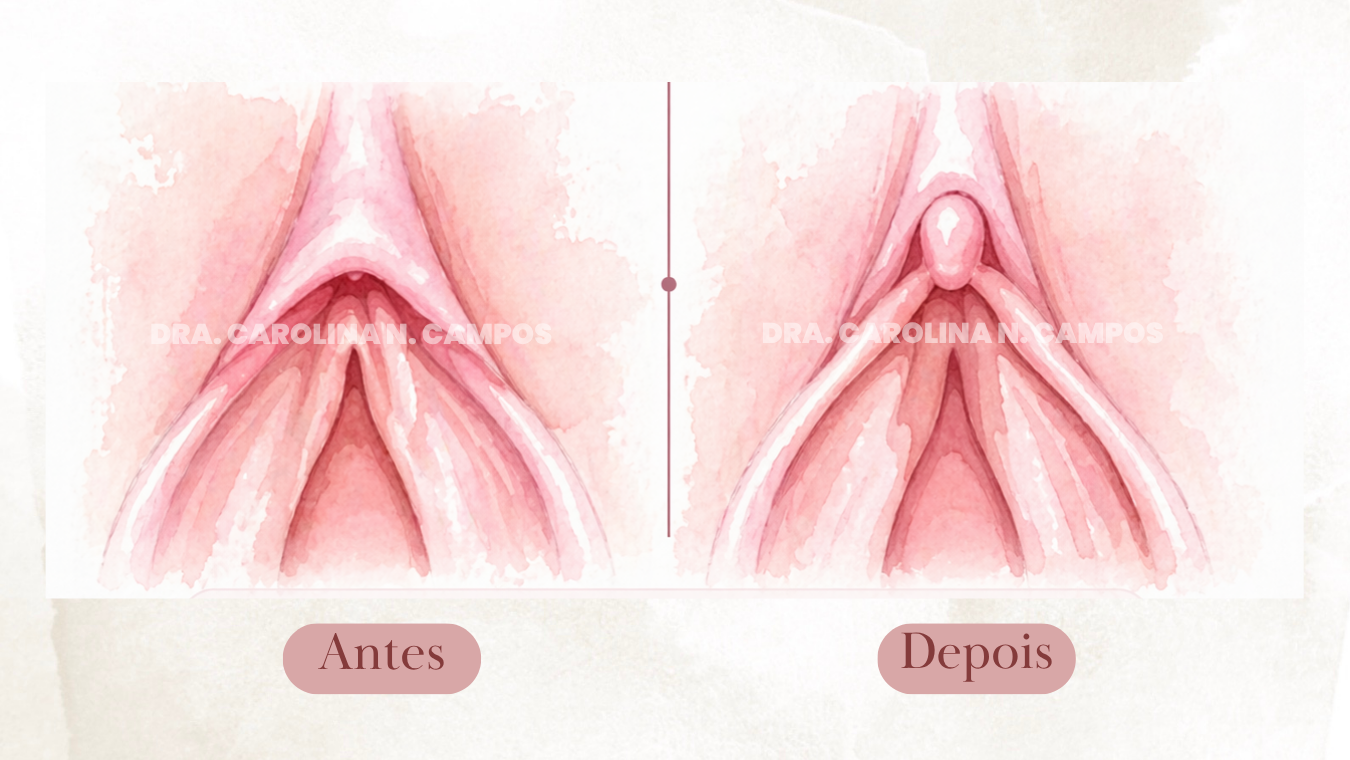 simulação do antes e depois de uma capuzplastia em aquarela líquida.
