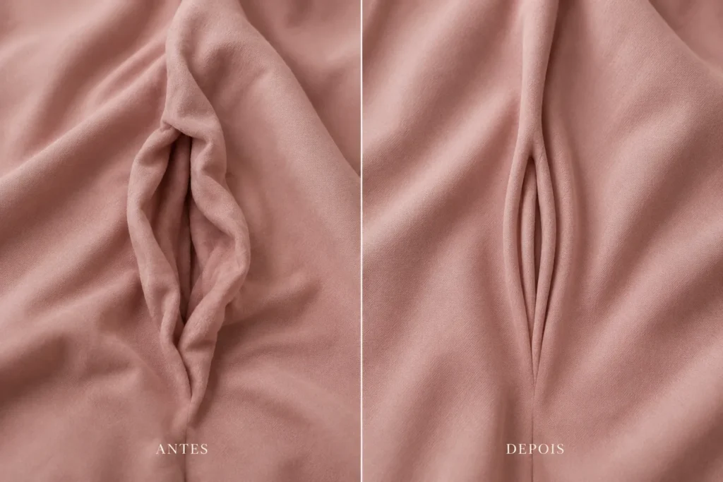 Lençol em formato de vulva, simulando um antes e depois de uma ninfoplastia.