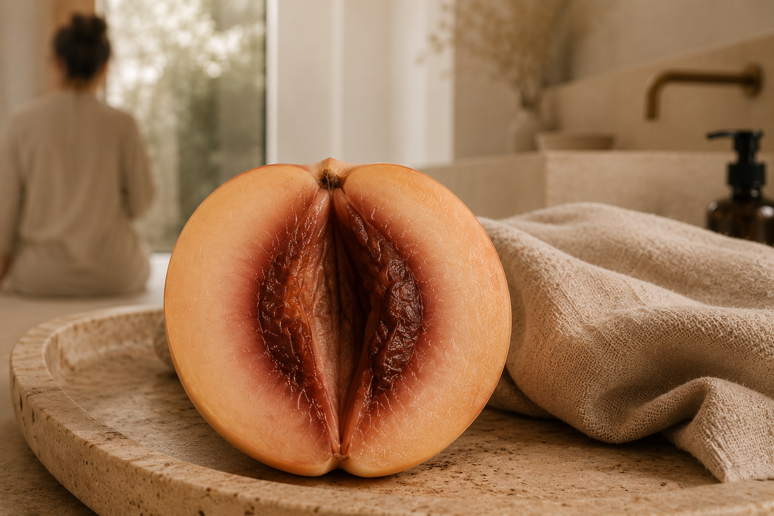 Pêssego cortado e escuro, mulher de costas ao fundo.