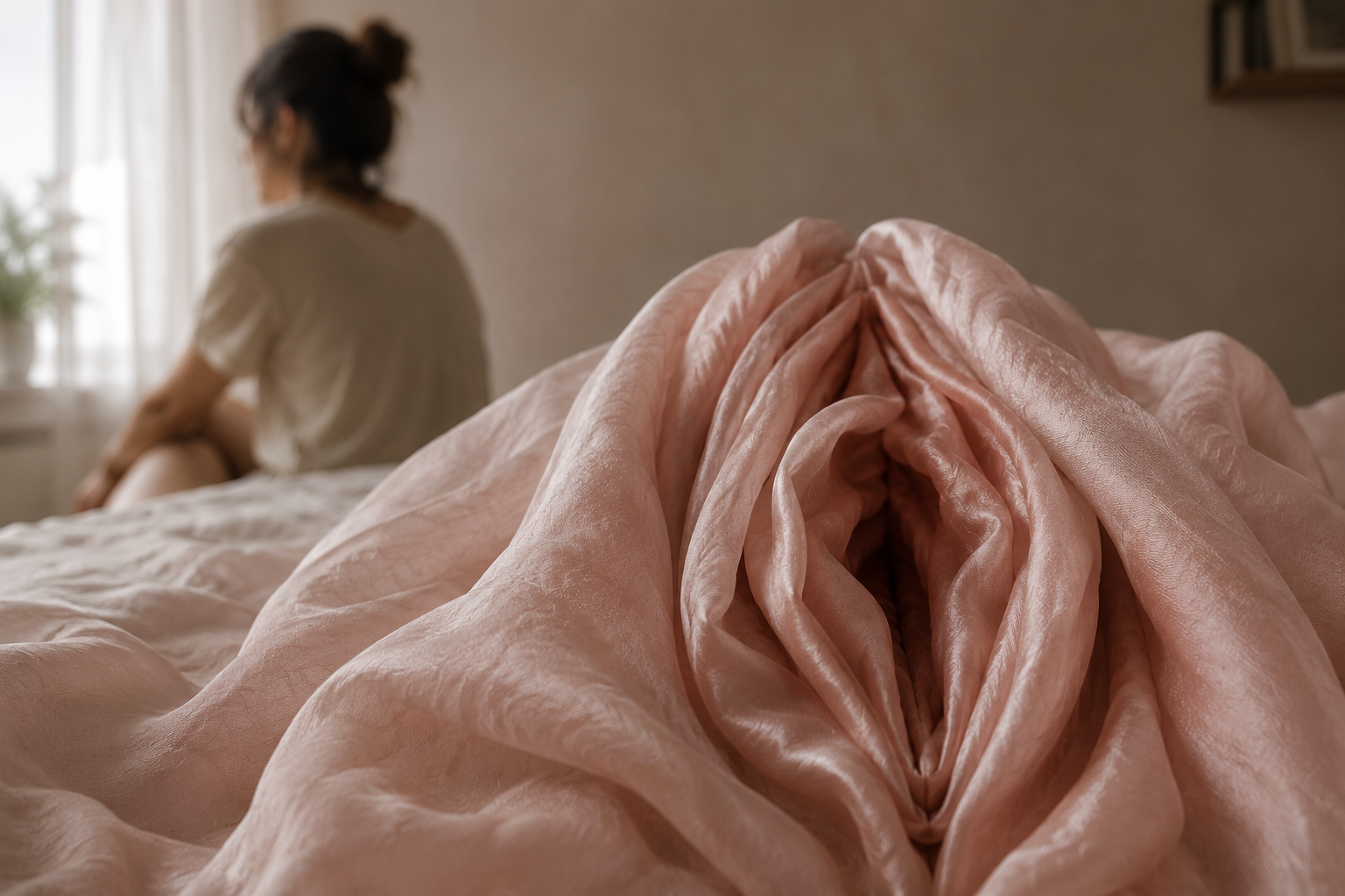 Lençol na cama dobrado em formato de vulva e mulher ao fundo, de costas, sentada na mesma cama.